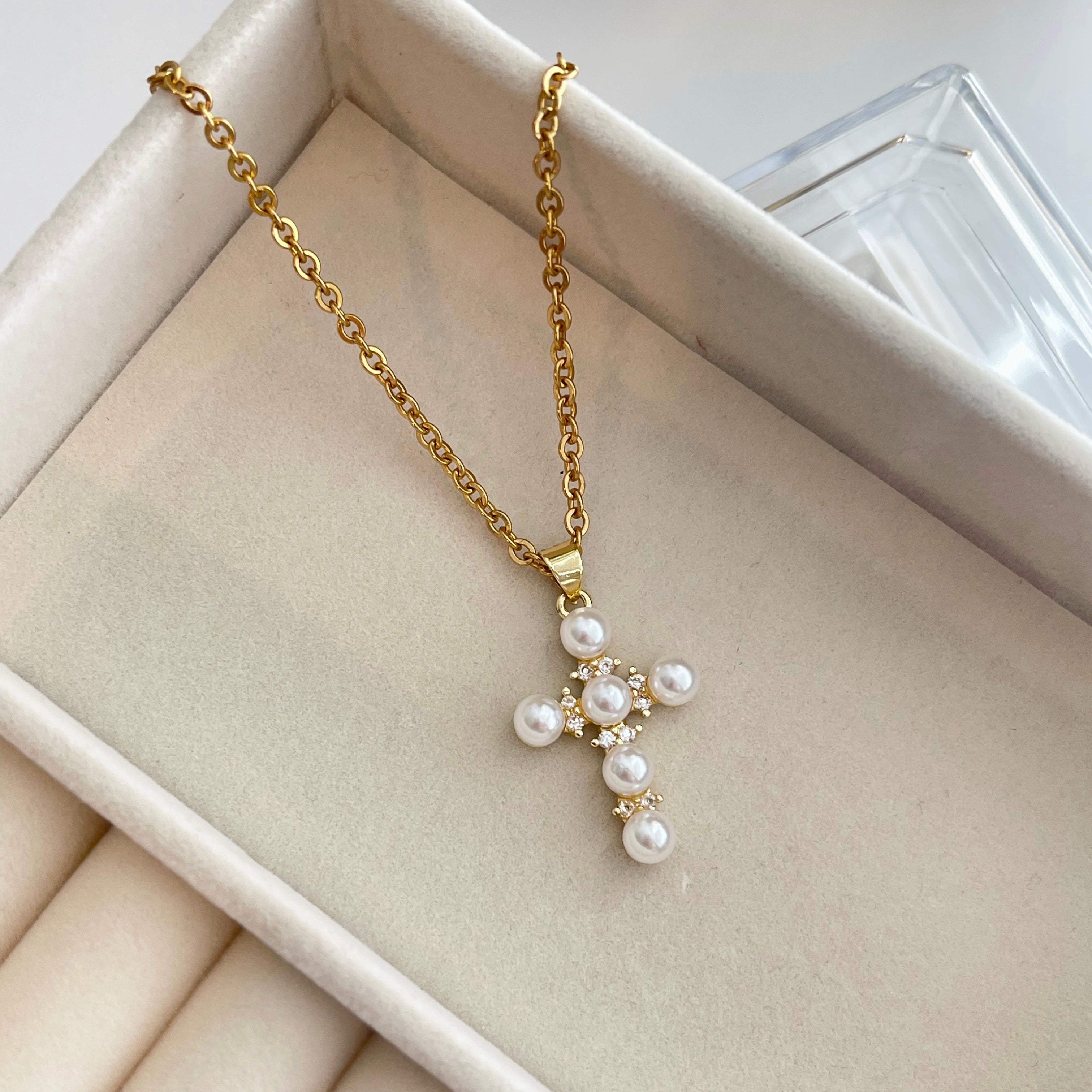 Gold Cross Pearl Necklace