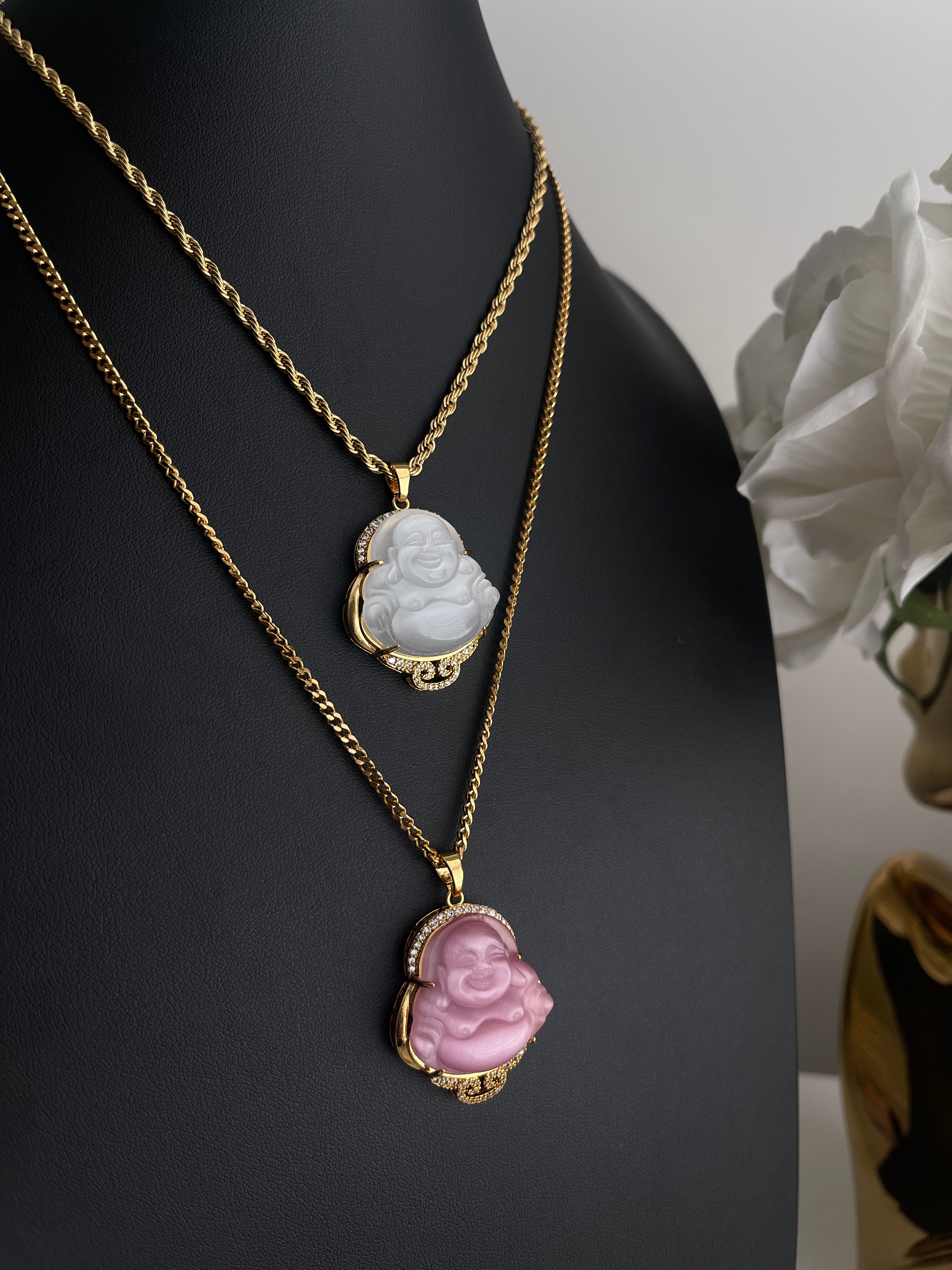 pink white buddha necklaces